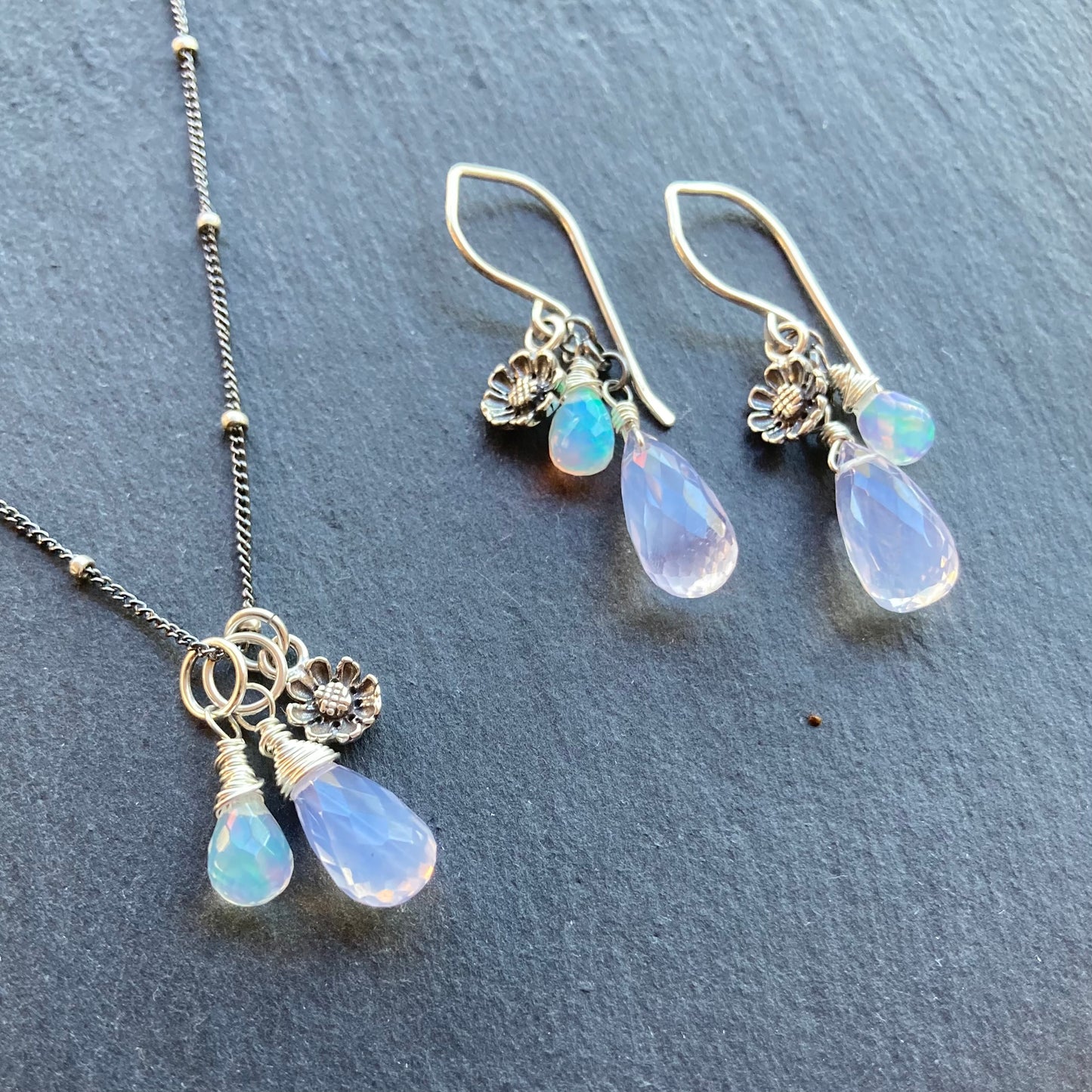 Scorolite, Ethiopian Opal & Sterling Silver Cherry Blossom Earrings