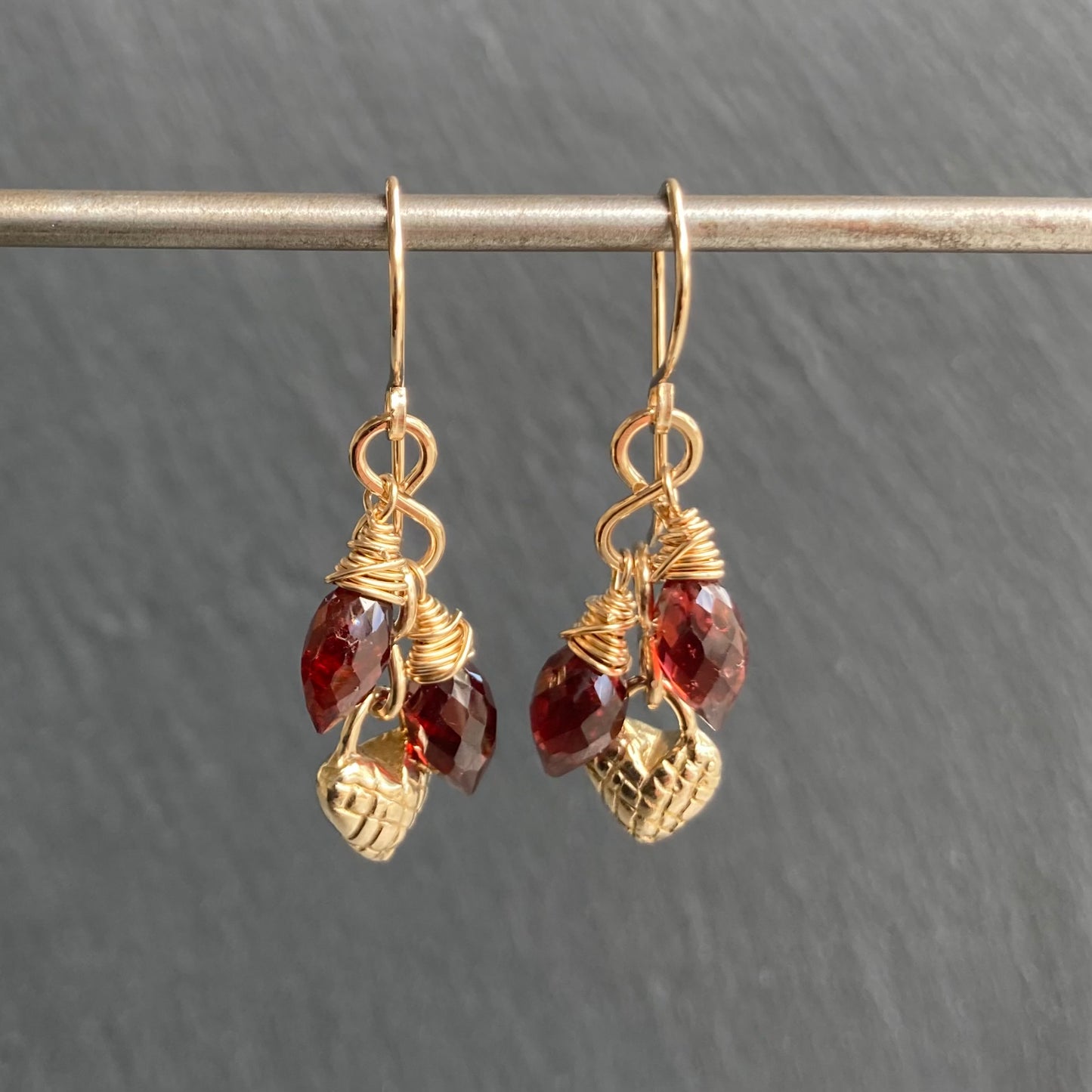 Mozambique Garnet, Gold & Bronze Heart Cascade Earrings