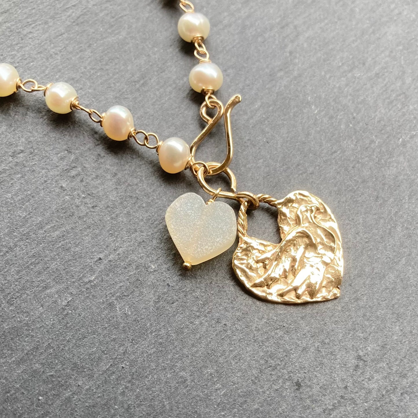 Freshwater Pearl, Gold & Bronze Peace & Love Pendant Necklace