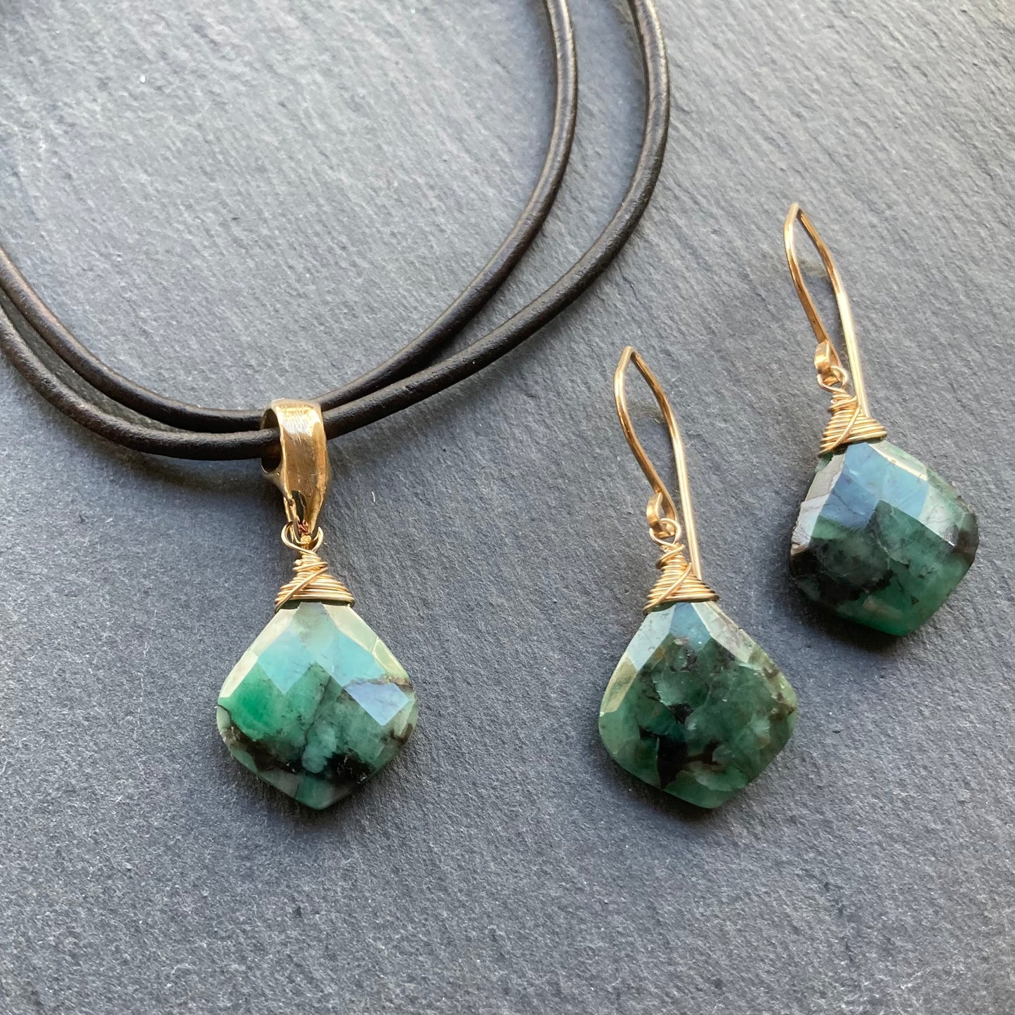 Natural Emerald & Bronze Leather Choker