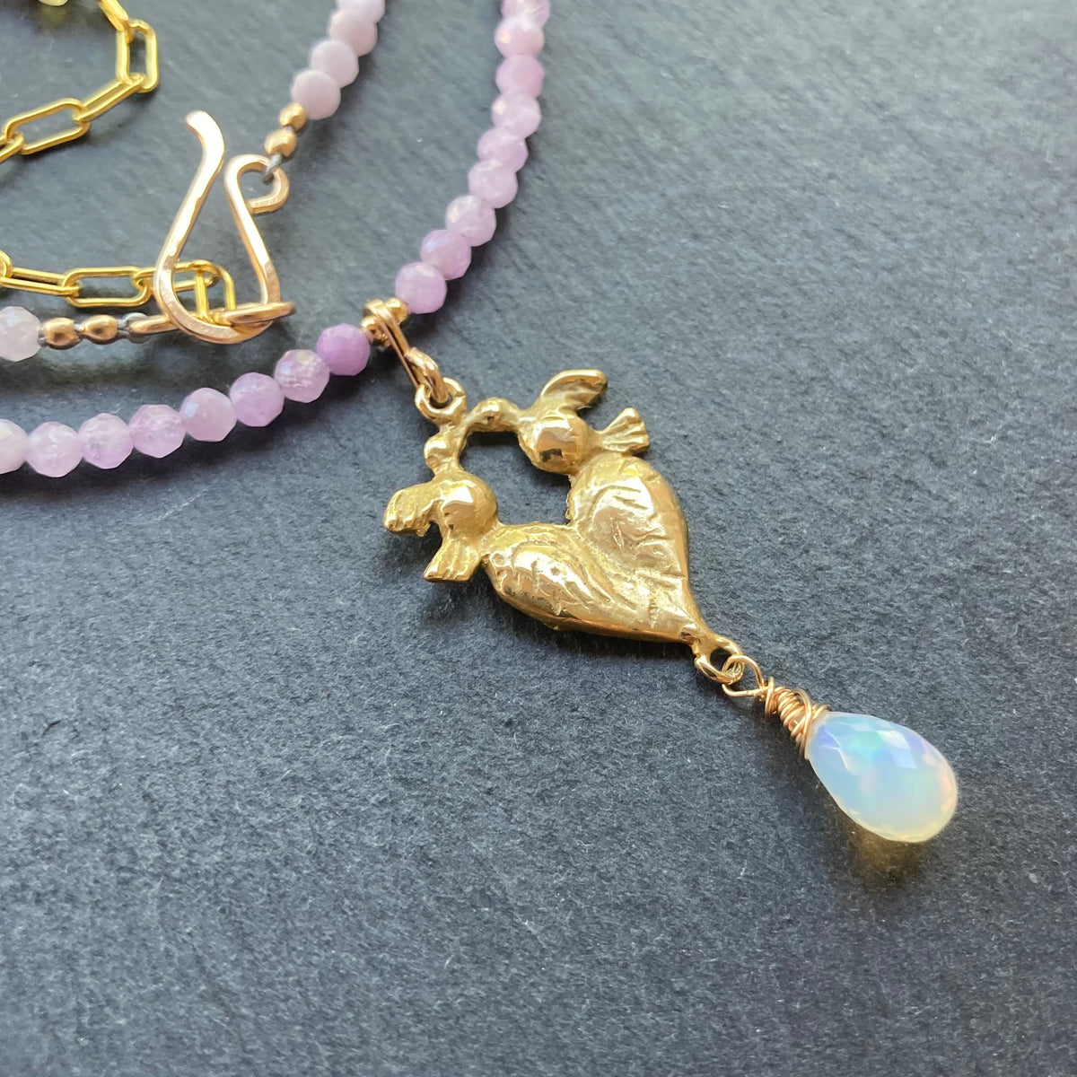 Kunzite, Ethiopian Opal, Gold & Bronze Love Birds Pendant Necklace