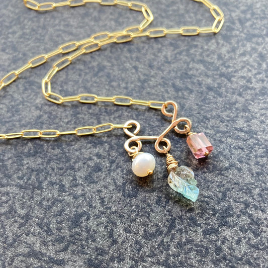 Watermelon Tourmaline, Freshwater Pearl & Gold Leaf Fringe Necklace