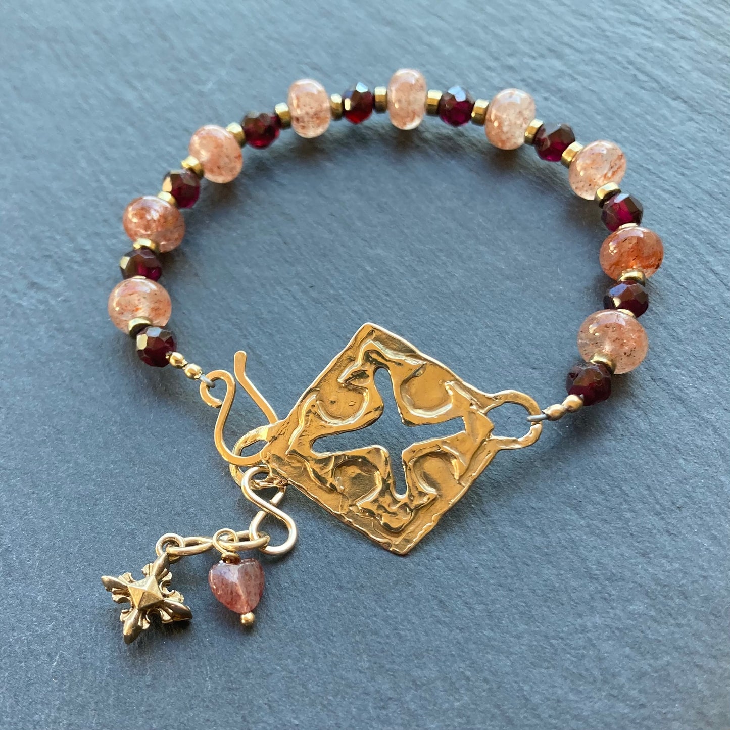 Strawberry Quartz & Bronze Santa Fe Cross Bracelet