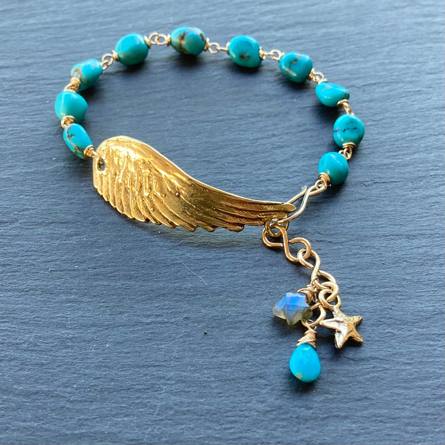 Turquoise, Gold & Bronze Winged Goddess Bracelet