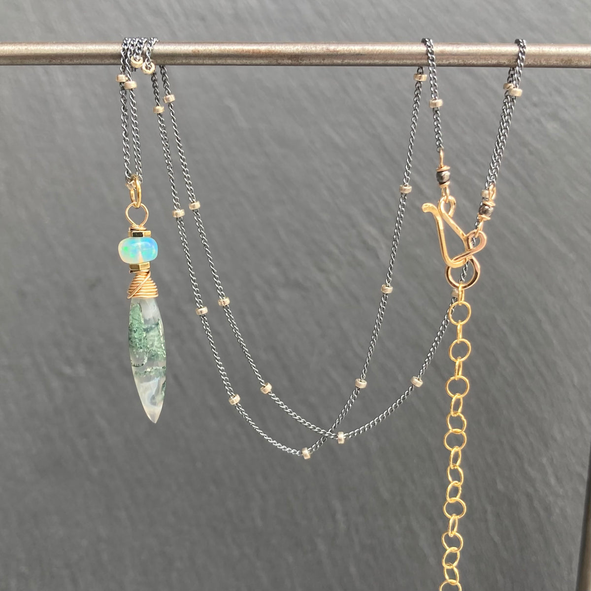 Moss Agate, Ethiopian Opal & Mixed Metal Pendant Necklace