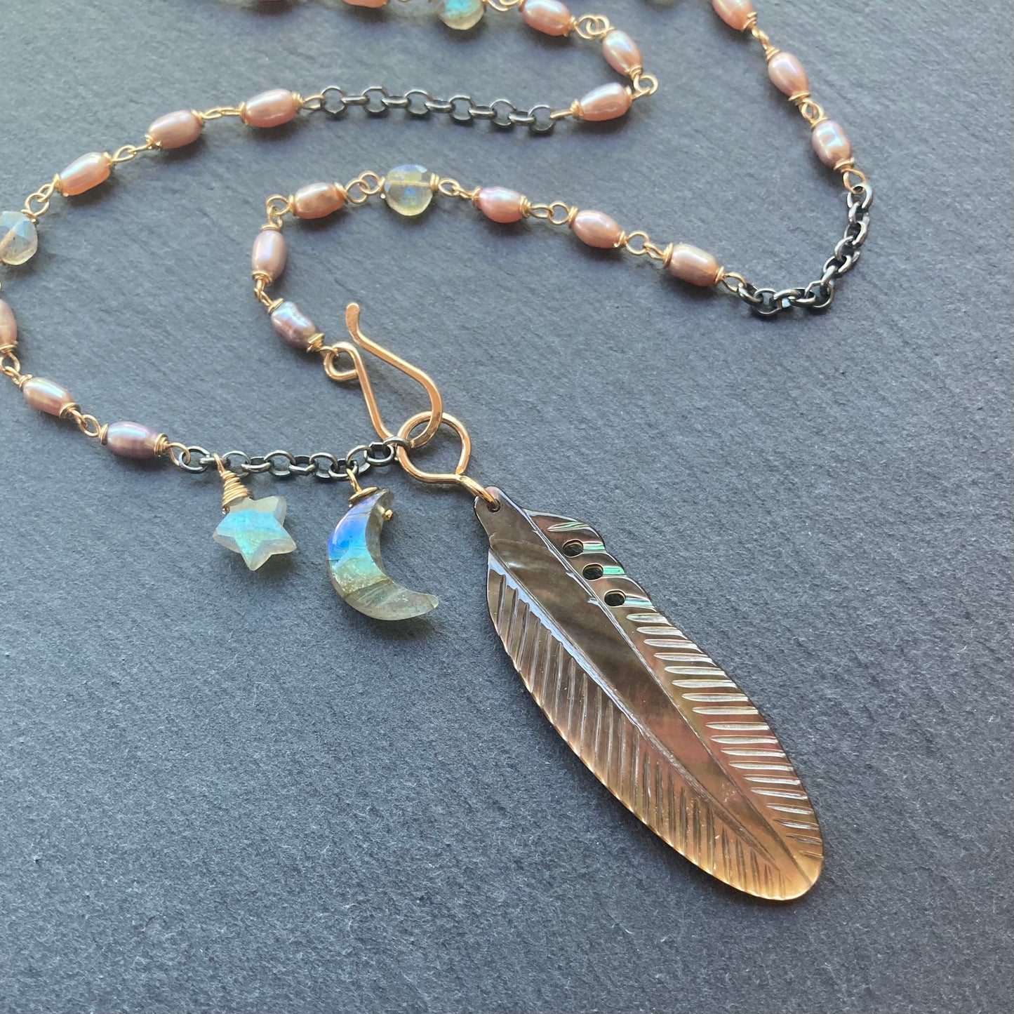 Black Mother of Pearl, Labradorite & Mixed Metal Crow Moon Necklace