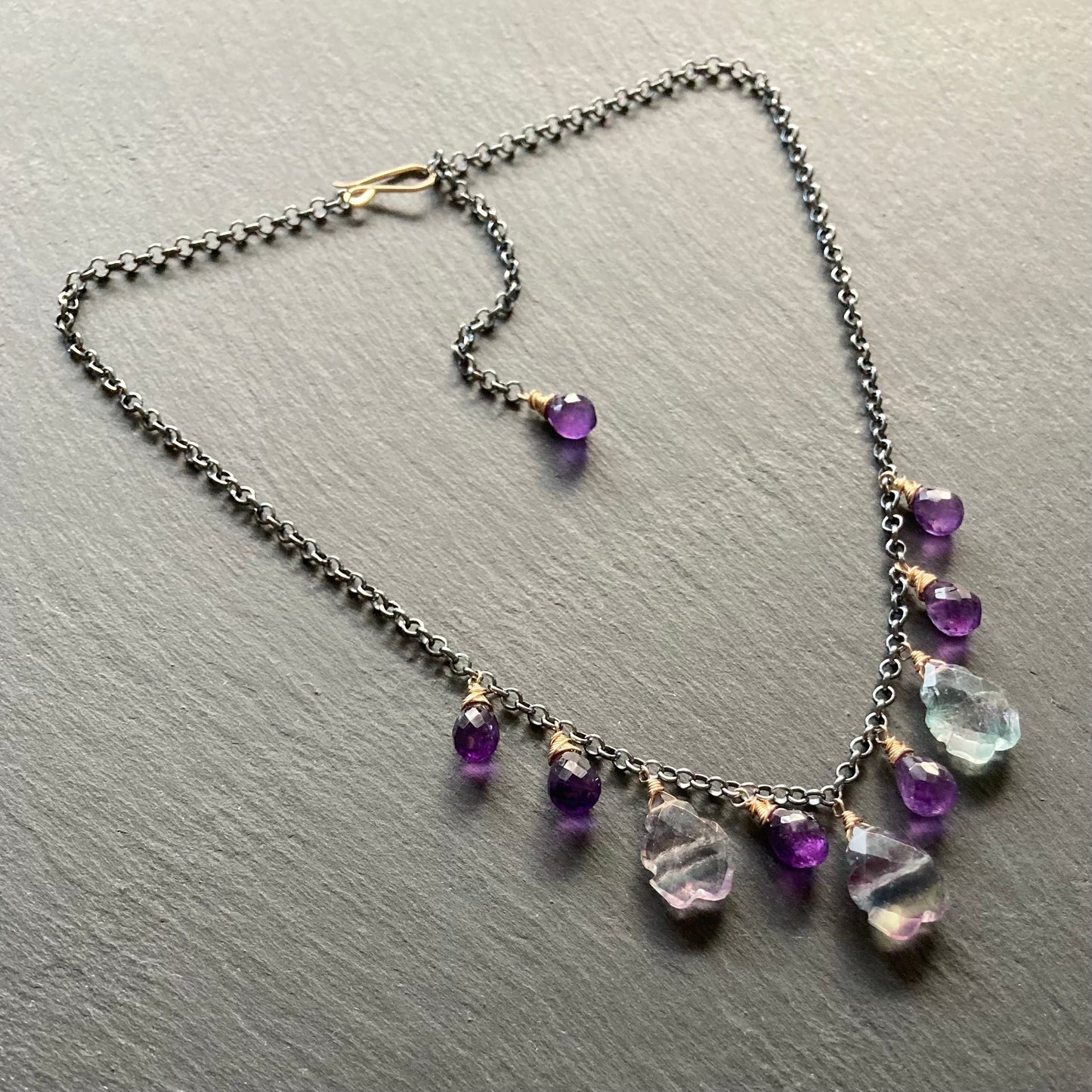 Fluorite, Amethyst & Mixed Metal Charm Choker