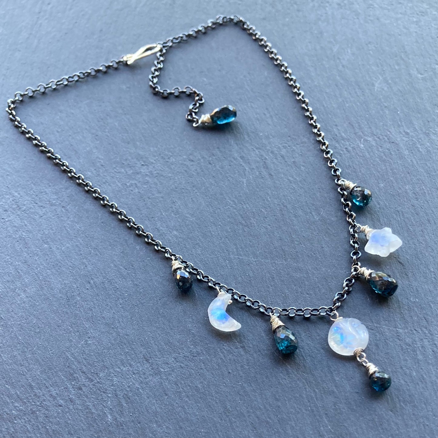 Rainbow Moonstone, Moss Kyanite & Sterling Silver Winter Solstice Charm Choker