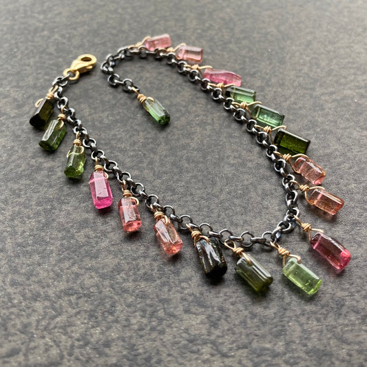 Watermelon Tourmaline & Mixed Metal Charm Bracelet