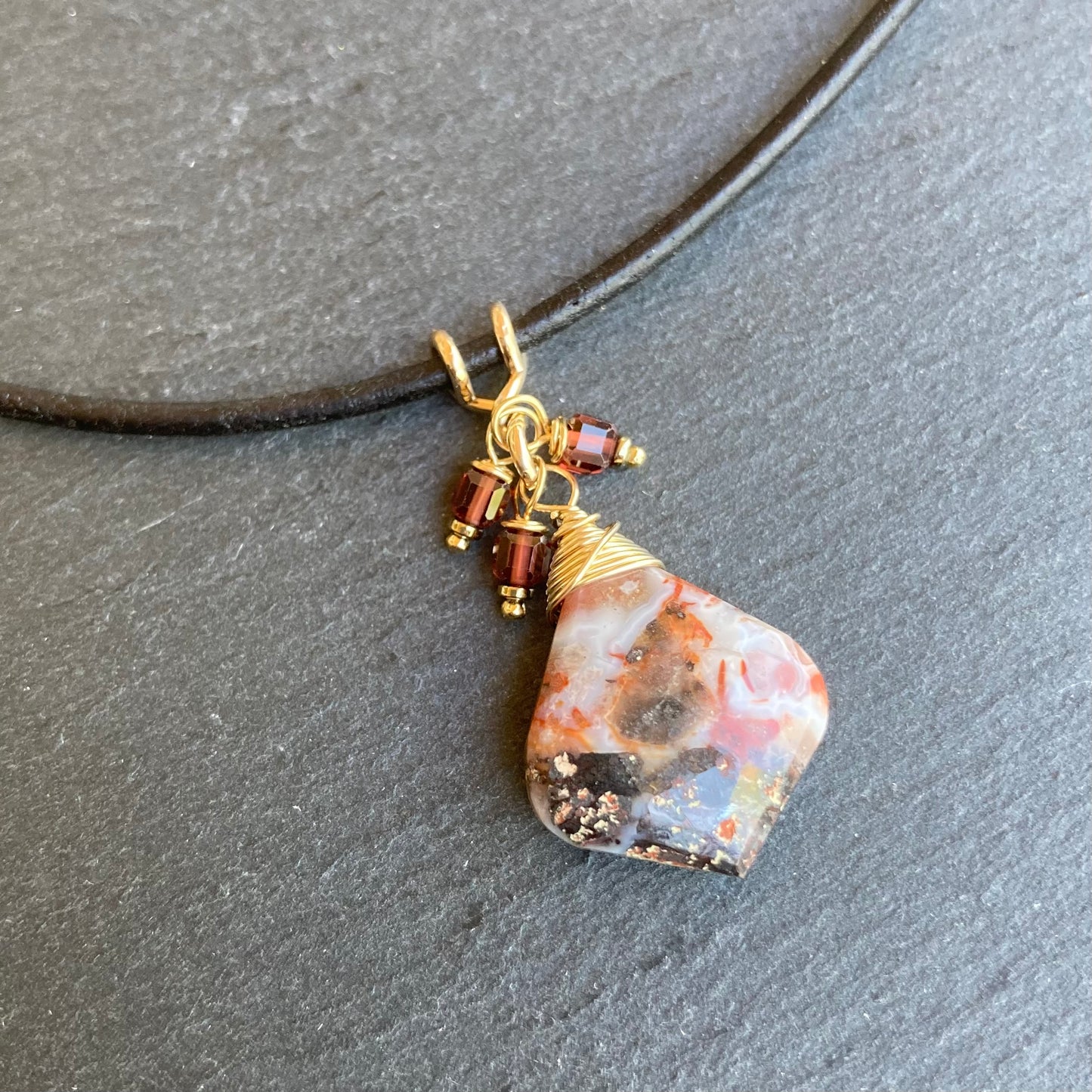 Crazy Lace Agate, Malaya Garnet & Gold Leather Choker