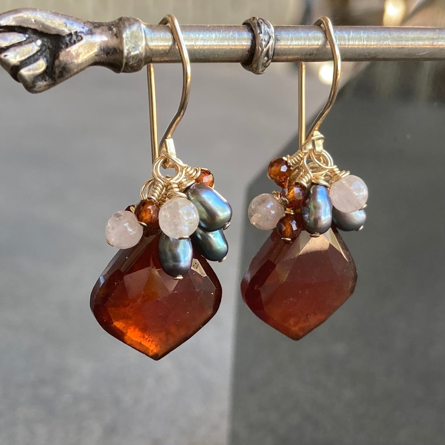 Hessonite, Tahitian Pearl, Morganite & Gold Cluster Earrings