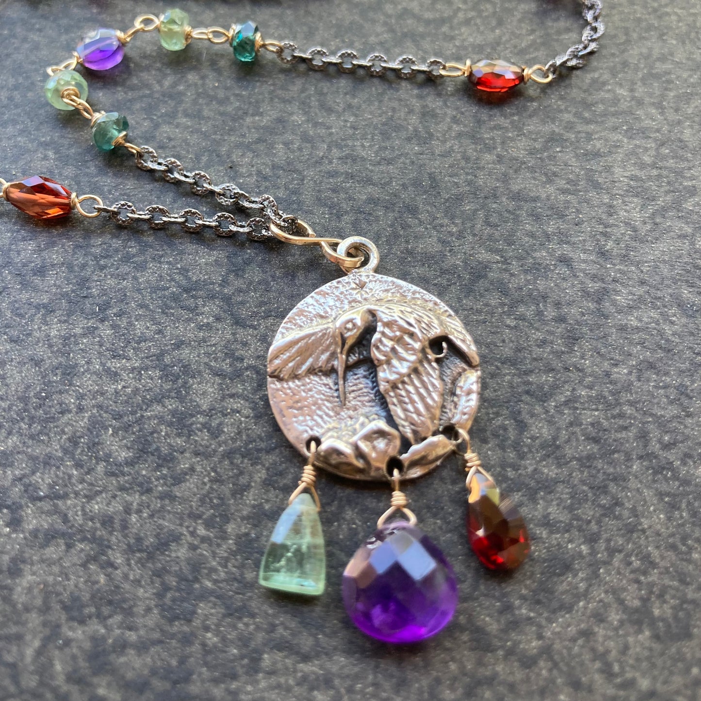Multi Gemstone & Mixed Metal Vintage Hummingbird Coin Necklace