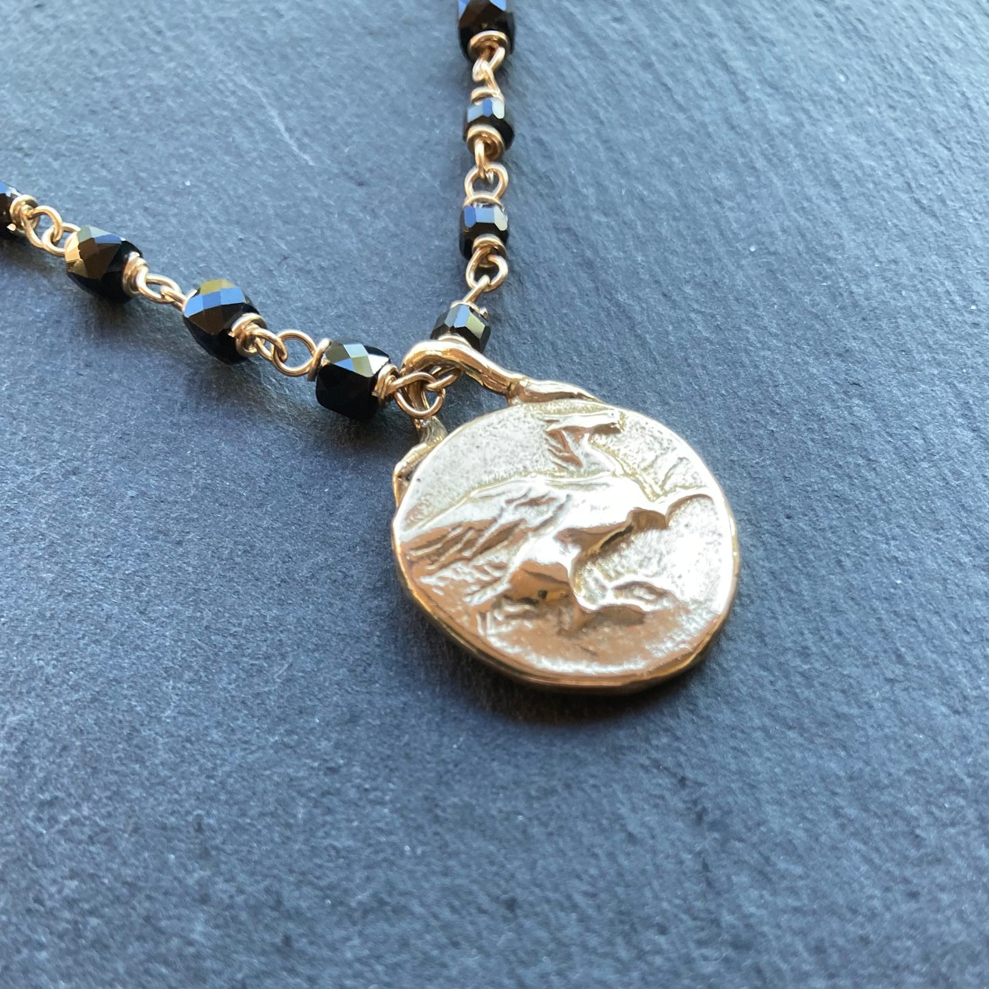 Black Spinel, Gold & Bronze Pegasus & Athena Stater Coin Necklace