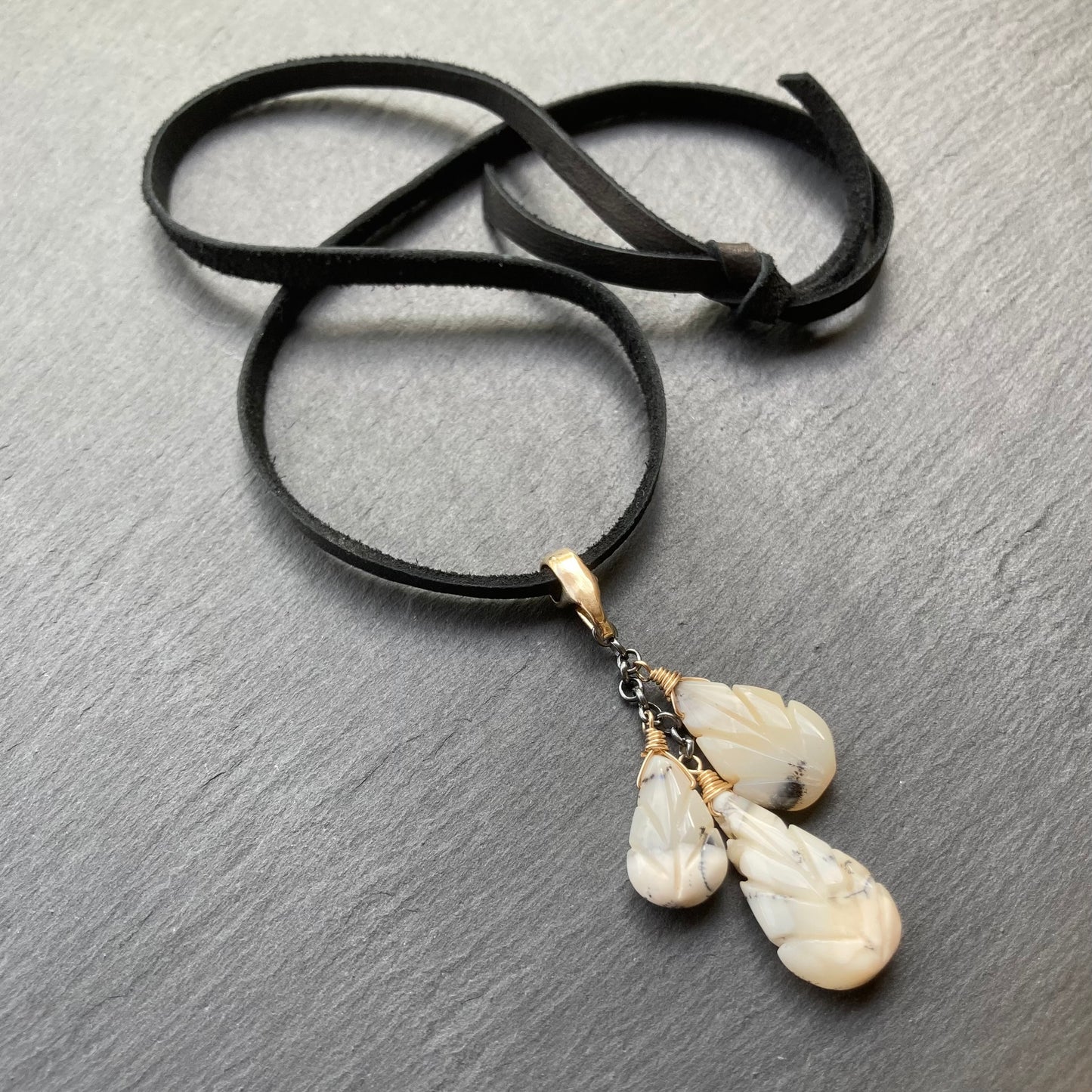 Dendritic Opal & Mixed Metal Deerskin Leather Choker