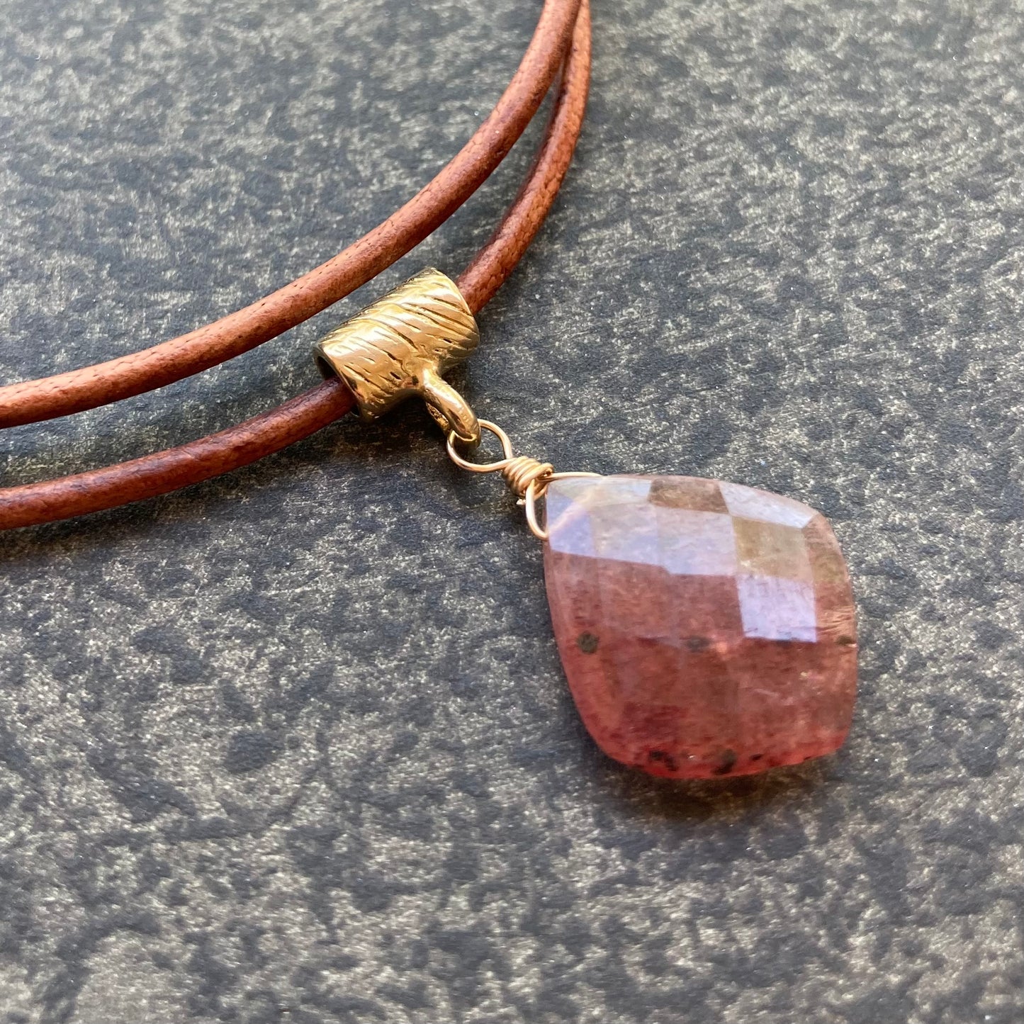 Strawberry Quartz & Bronze Leather Choker