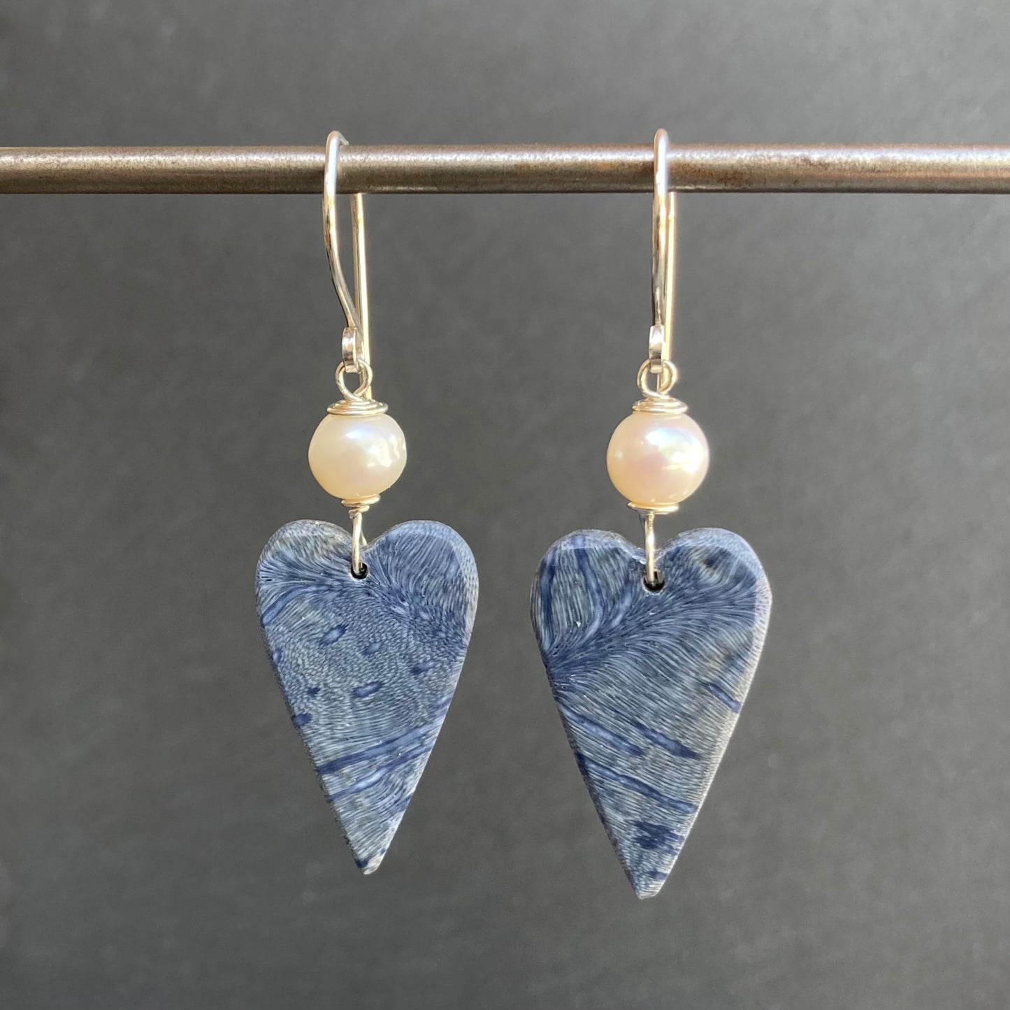 Freshwater Pearl, Sterling Silver & Blue Coral Heart Earrings