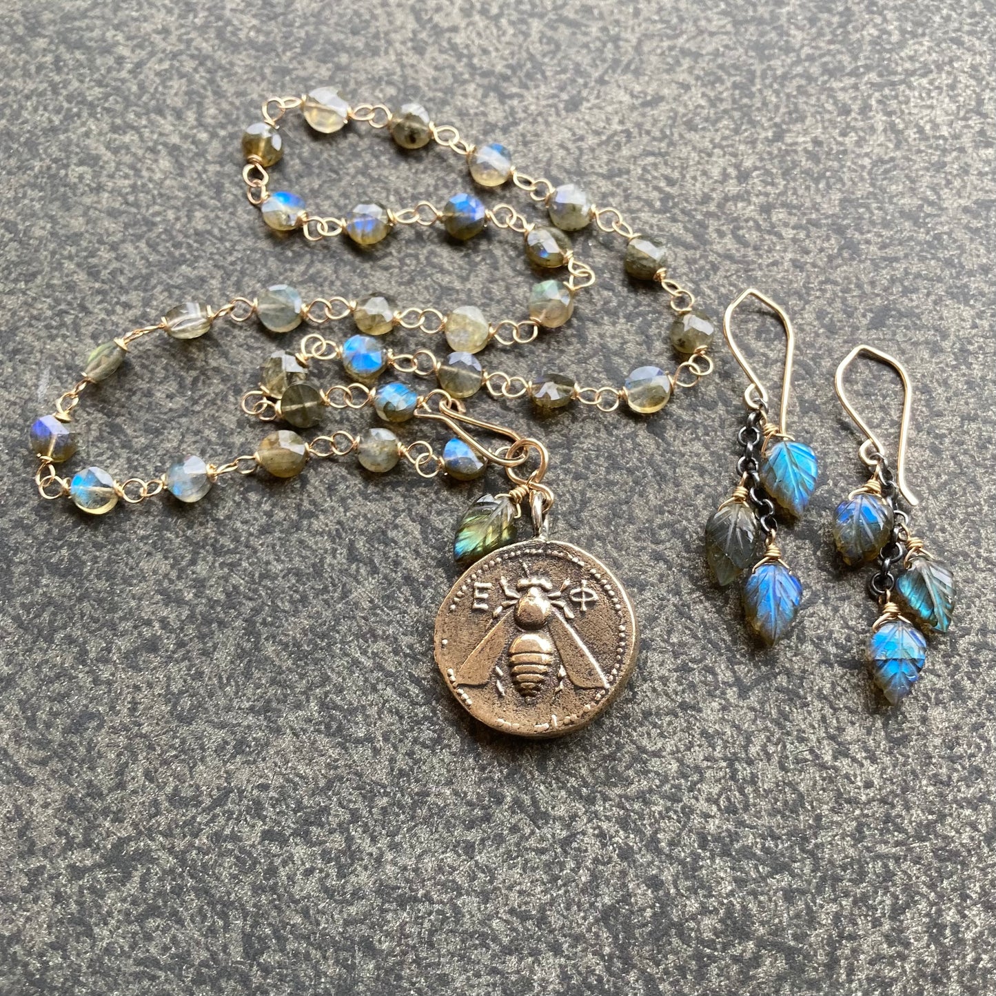 Labradorite & Mixed Metal Sacred Deer & Bee of Artemis Coin Choker