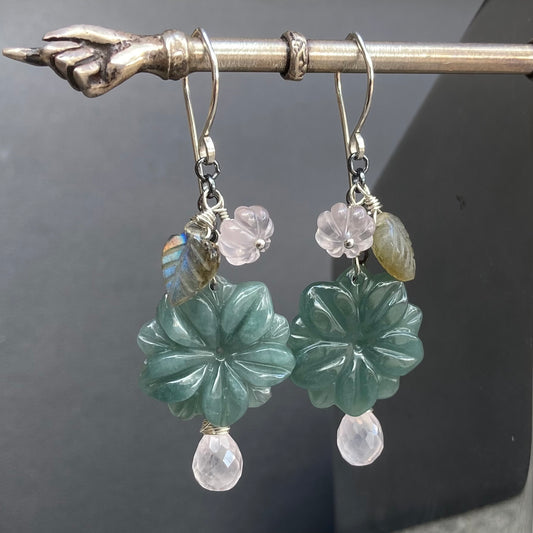 Rose Quartz, Sterling Silver & Guatemalan Jade Winter Succulent Earrings