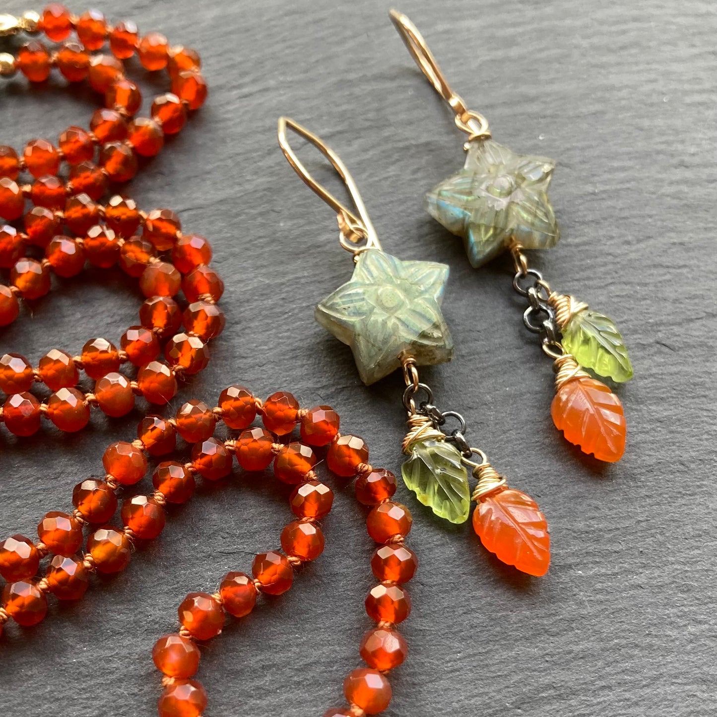 Labradorite & Mixed Metal Star Flower Earrings