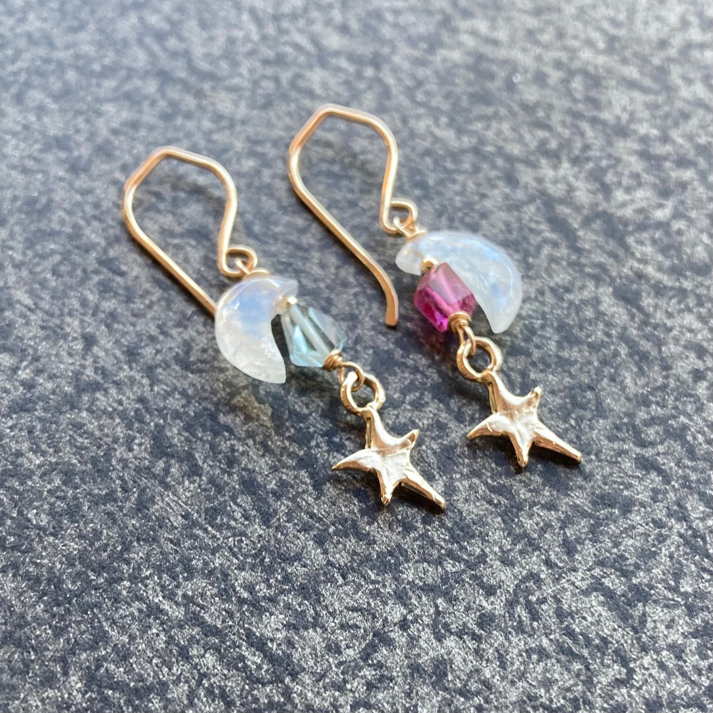 Rainbow Moonstone, Tourmaline, Gold & Bronze Falling Star Earrings