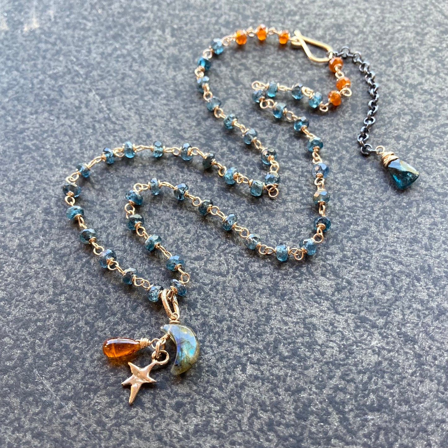 Moss Kyanite & Mixed Metal Moon Drop Necklace