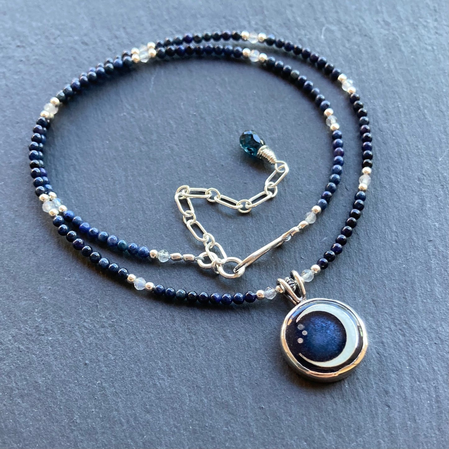 Dumortierite , Labradorite & Sterling Silver Winter Moon Pendant Choker
