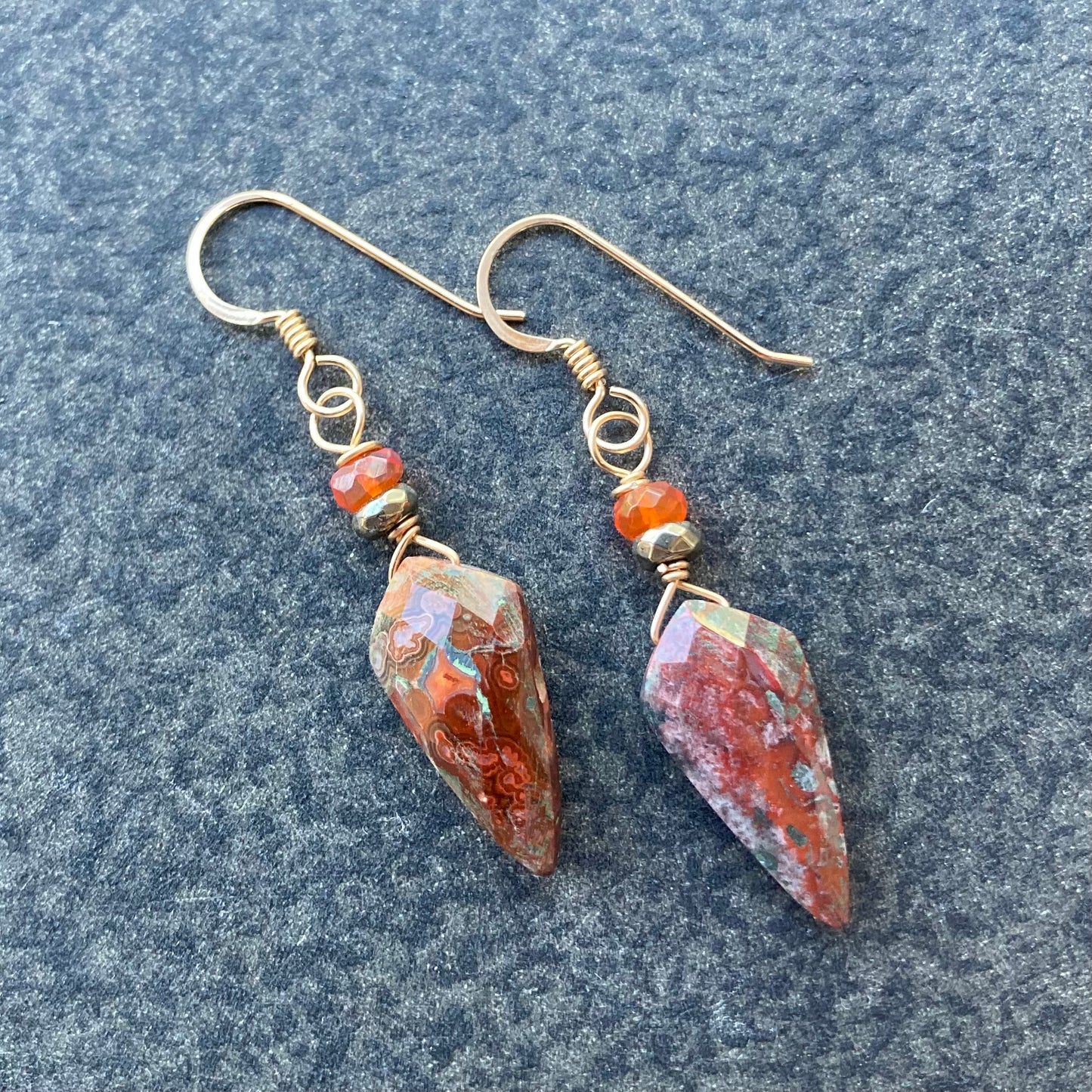 Crazy Lace Agate & 14k Gold Arrowhead Earrings