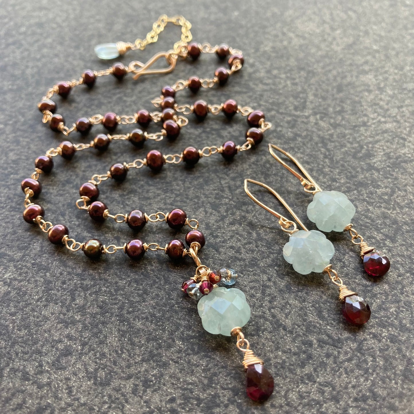 Aquamarine, Rhodolite Garnet & Gold Flower Drop Earrings