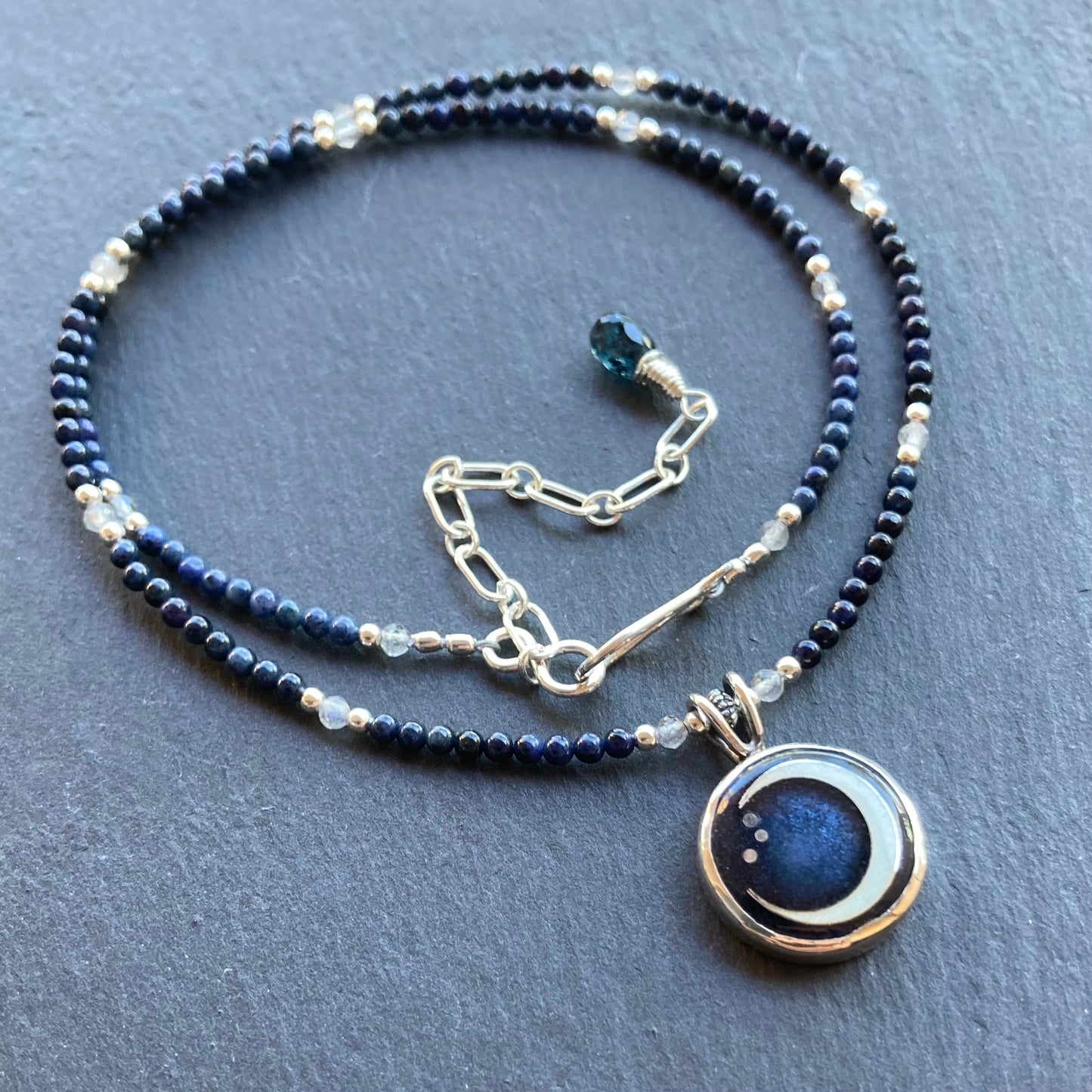 Dumortierite , Labradorite & Sterling Silver Winter Moon Pendant Choker