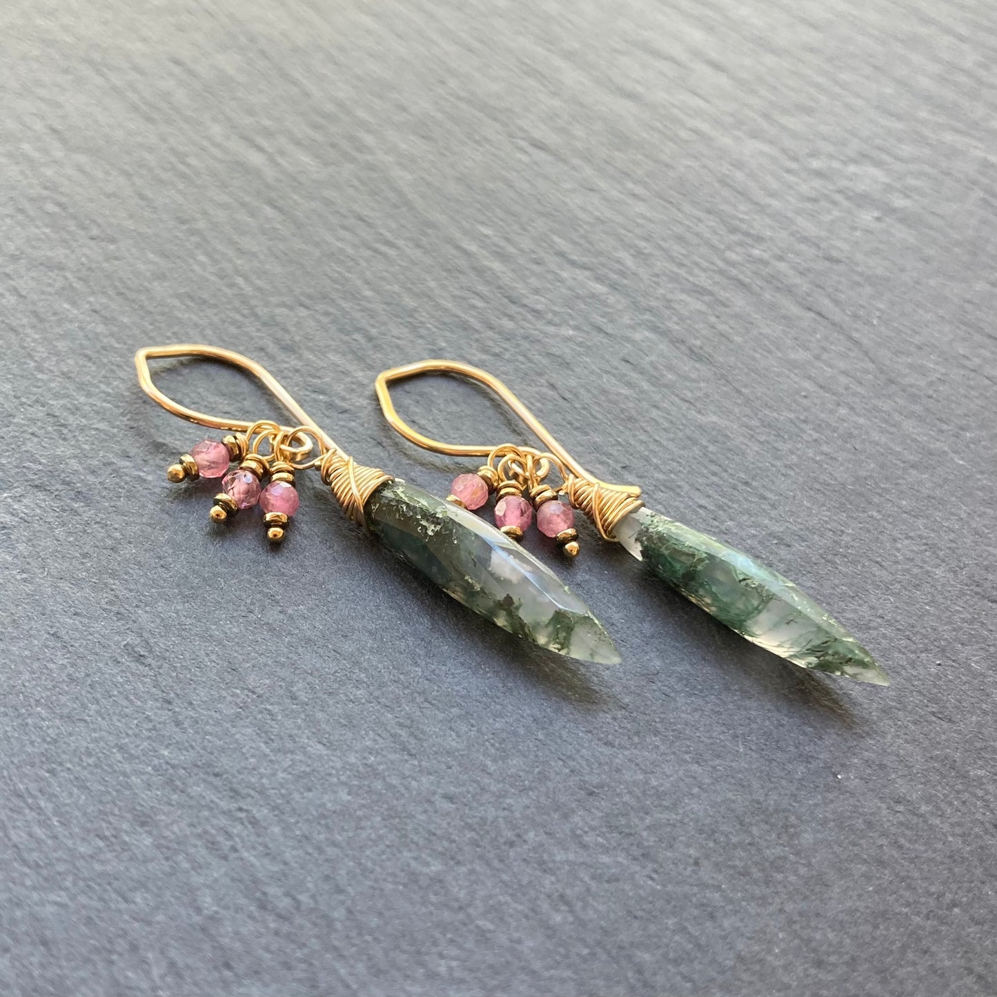 Moss Agate, Pink Tourmaline & Gold Marquis Earrings