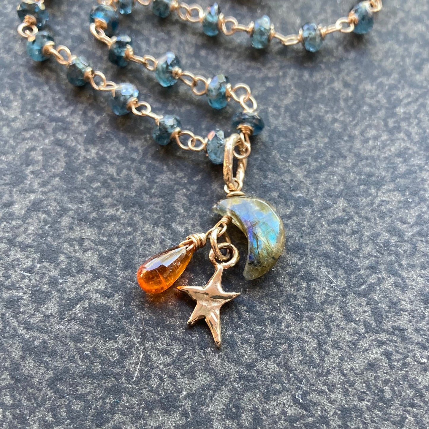 Moss Kyanite & Mixed Metal Moon Drop Necklace