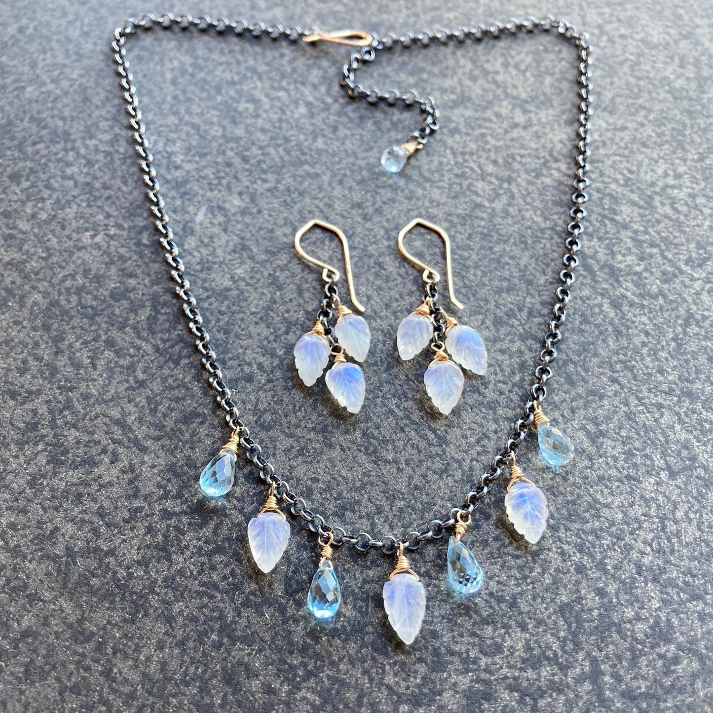 Blue Topaz, Rainbow Moonstone & Mixed Metal Leaf Charm Choker