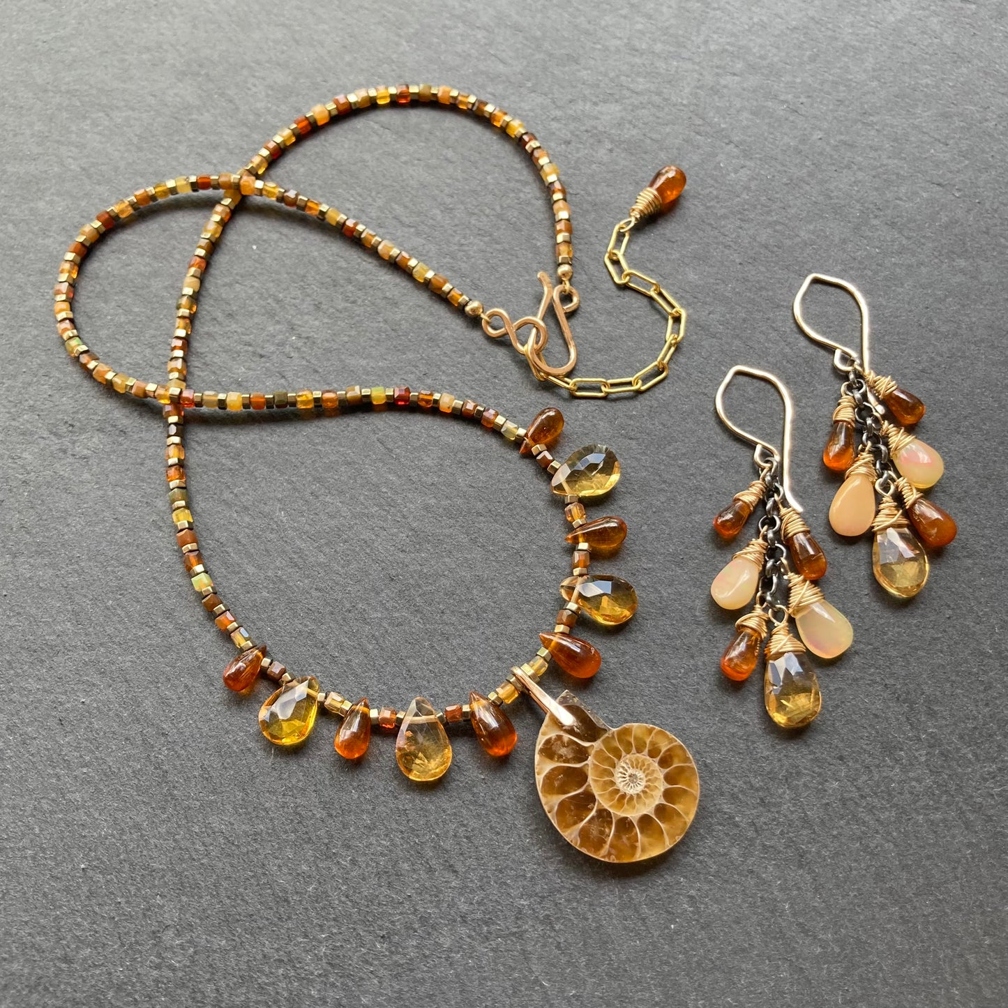 Orange Kyanite, Ethiopian Opal, Citrine & Mixed Metal Cascade Earrings