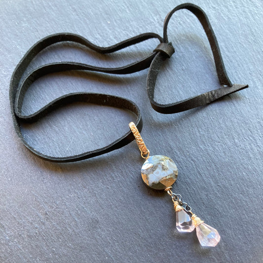 Nipomo Marcasite in Agate, Rose Quartz & Mixed Metal Deertan Leather Choker