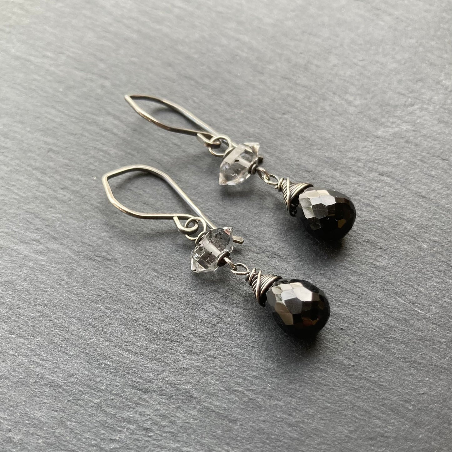 Black Onyx, Herkimer Diamond & Sterling Silver Earrings