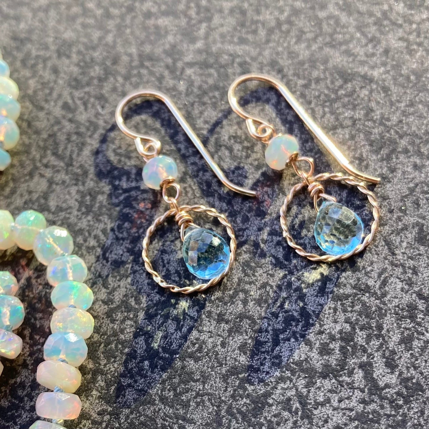 Blue Topaz, Ethiopian Opal & Gold Twisted Hoops