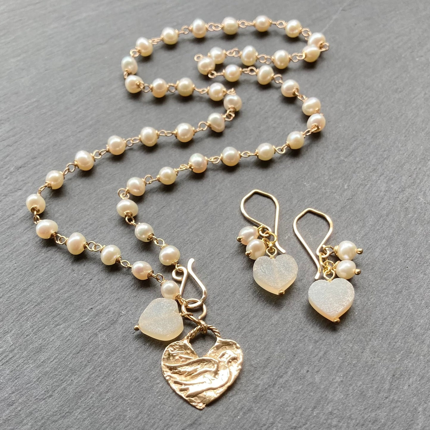 Freshwater Pearl, Druzy Heart & Gold Earrings