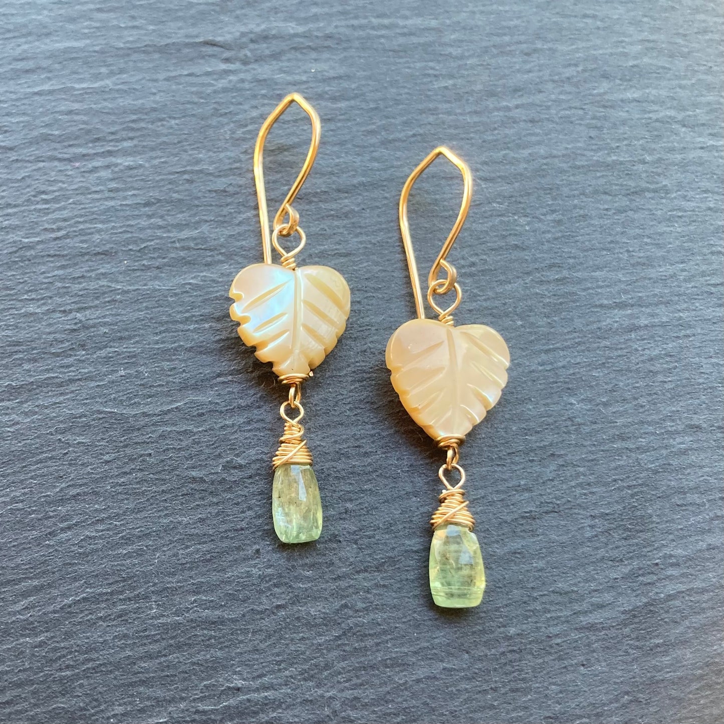 Mother of Pearl, Green Kyanite & Gold Palm Heart Earrings