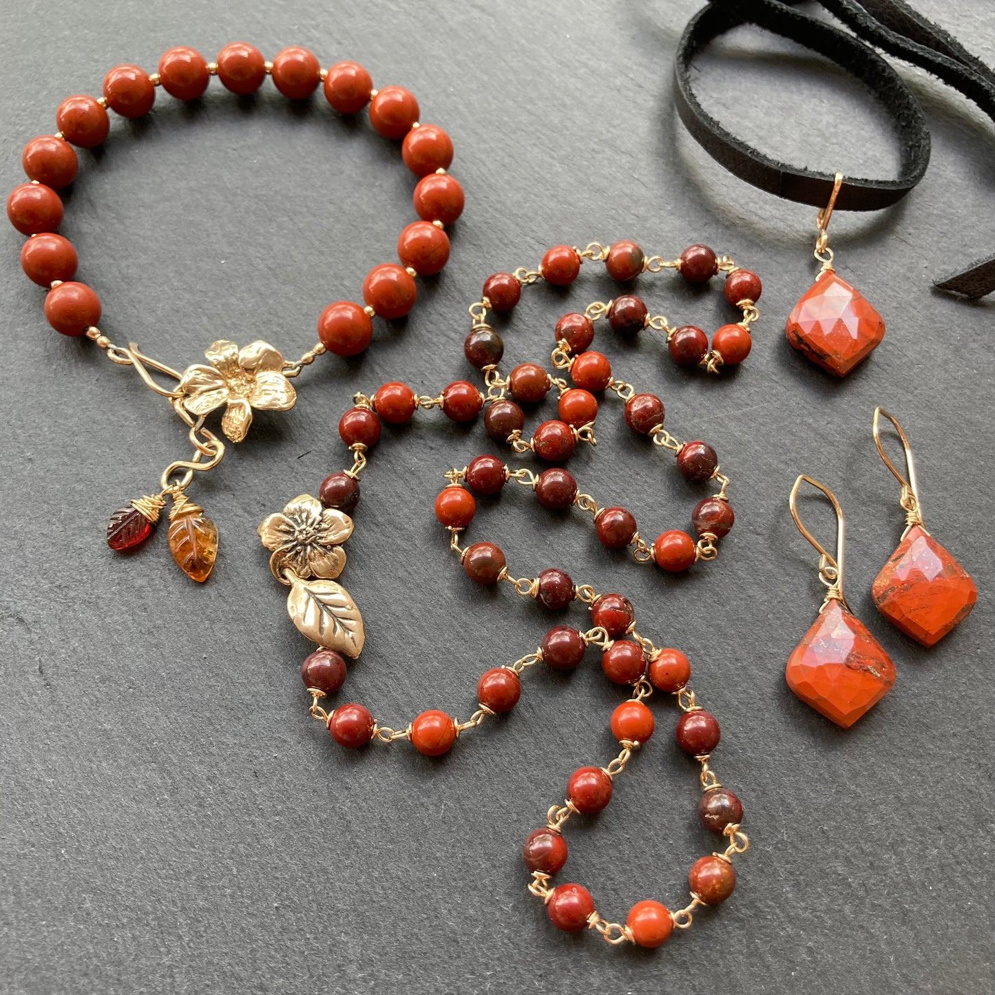 Red Jasper, Gold & Bronze Floral Clasp Necklace