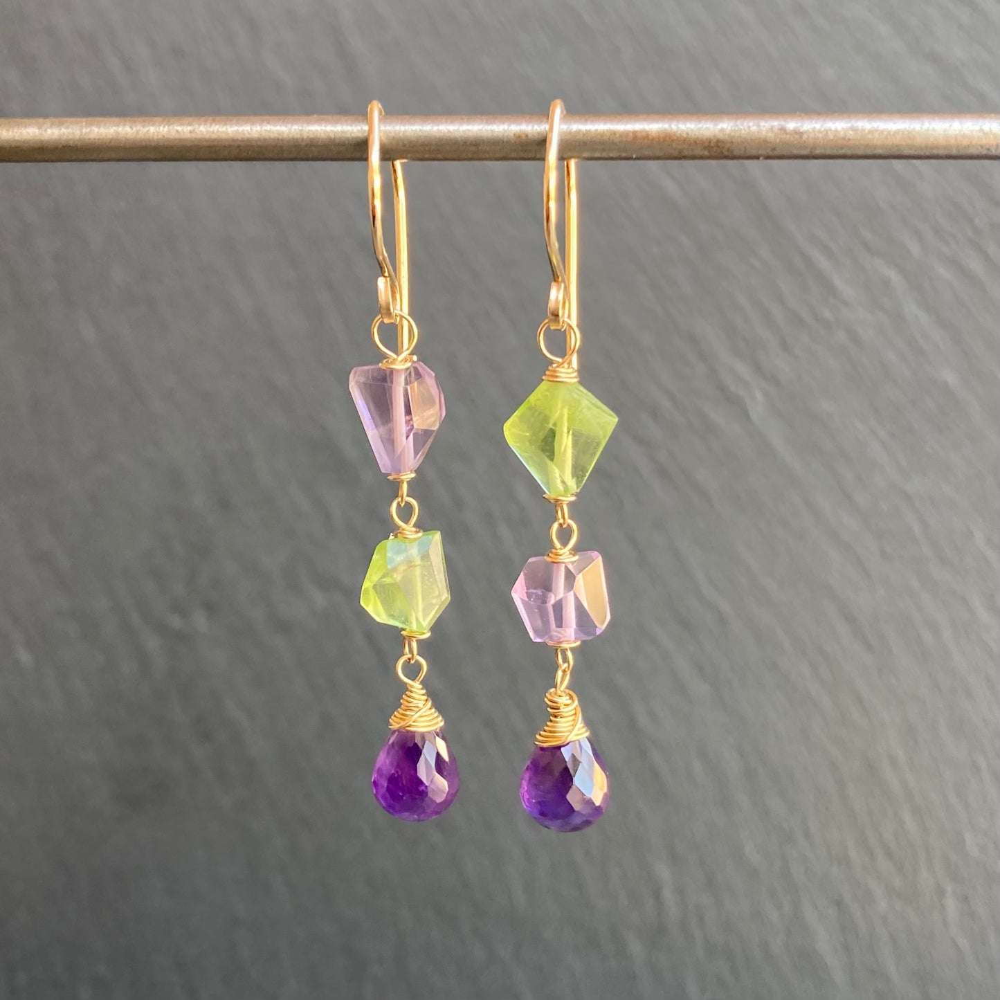 Amethyst, Peridot & Gold Long Drop Earrings