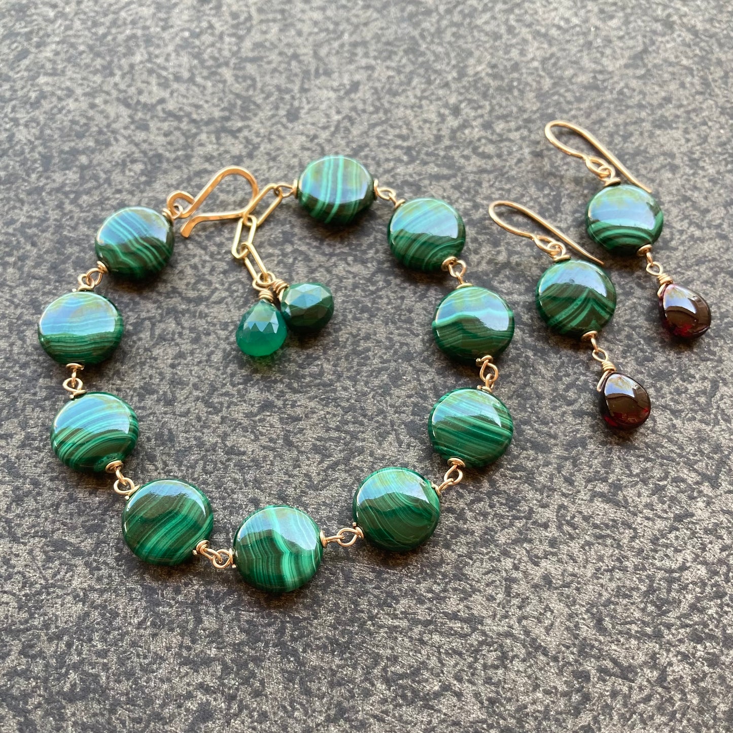 Malachite, Rhodolite & Gold Earrings