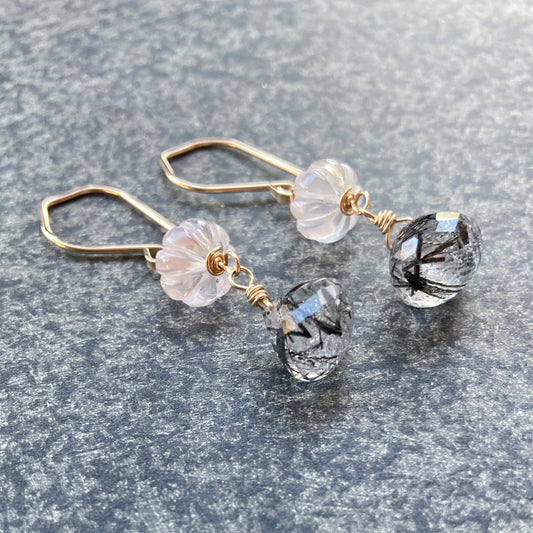 Black Rutilated Quartz, Rose Quartz & Gold Earrings