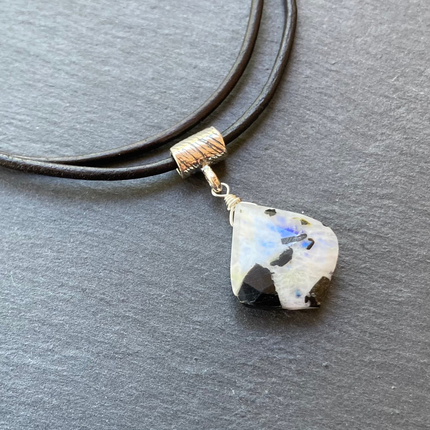 Tourmalinated Rainbow Moonstone & Sterling Silver Leather Choker