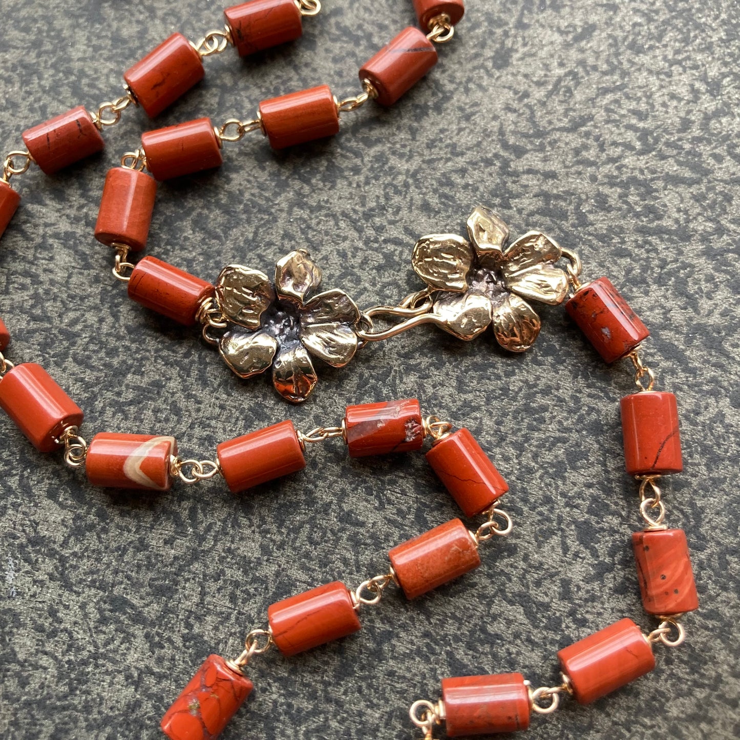 Red Jasper, Gold & Bronze Floral Clasp Necklace