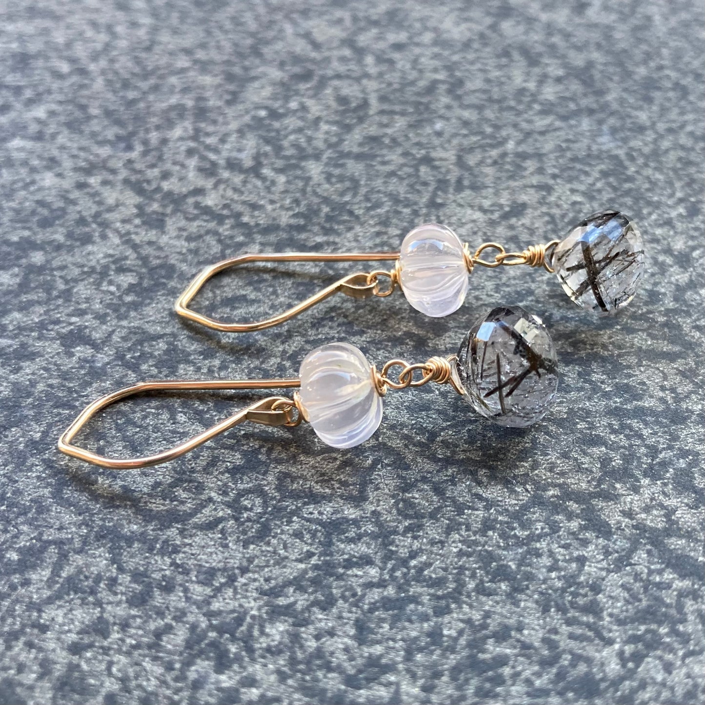 Black Rutilated Quartz, Rose Quartz & Gold Earrings