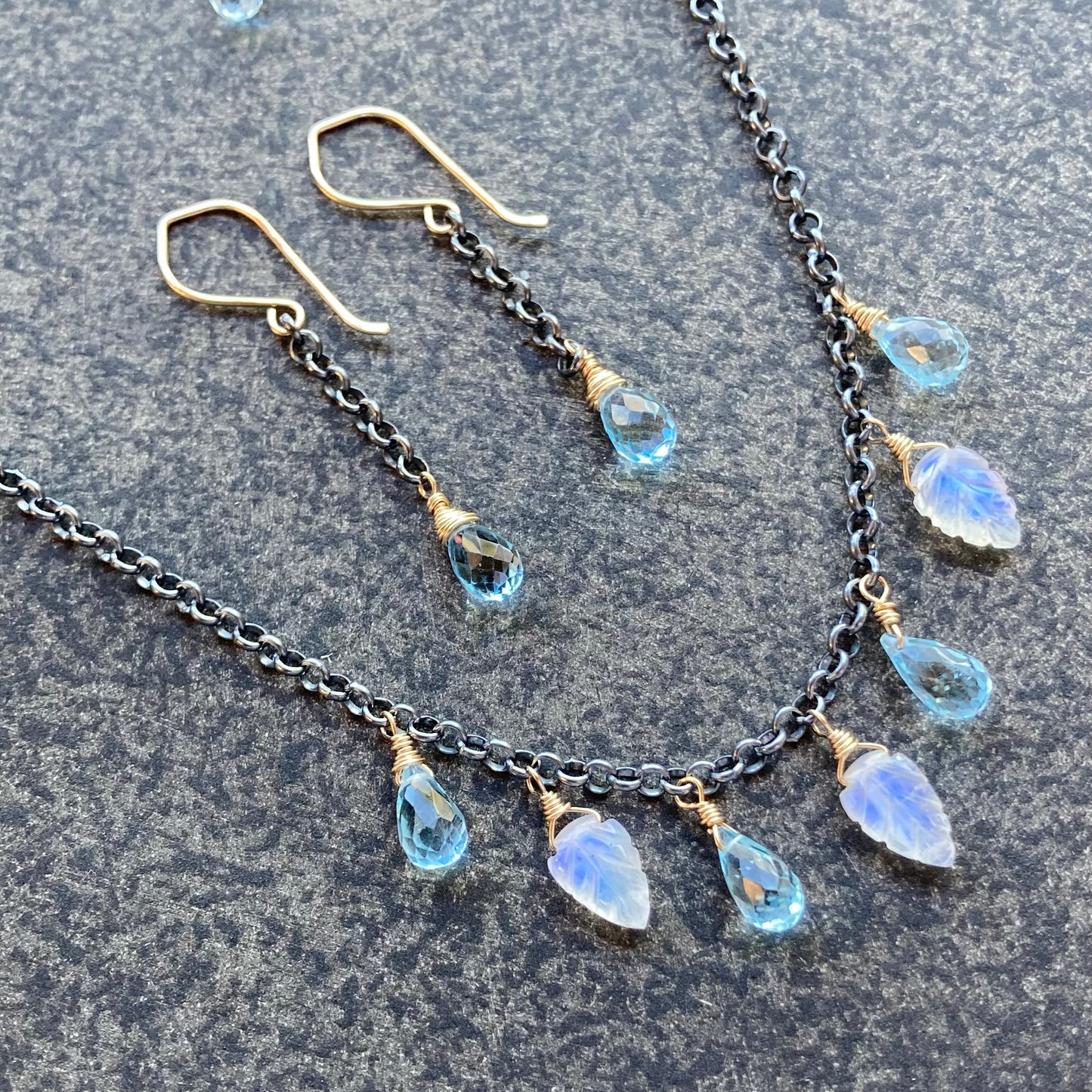 Blue Topaz, Rainbow Moonstone & Mixed Metal Leaf Charm Choker