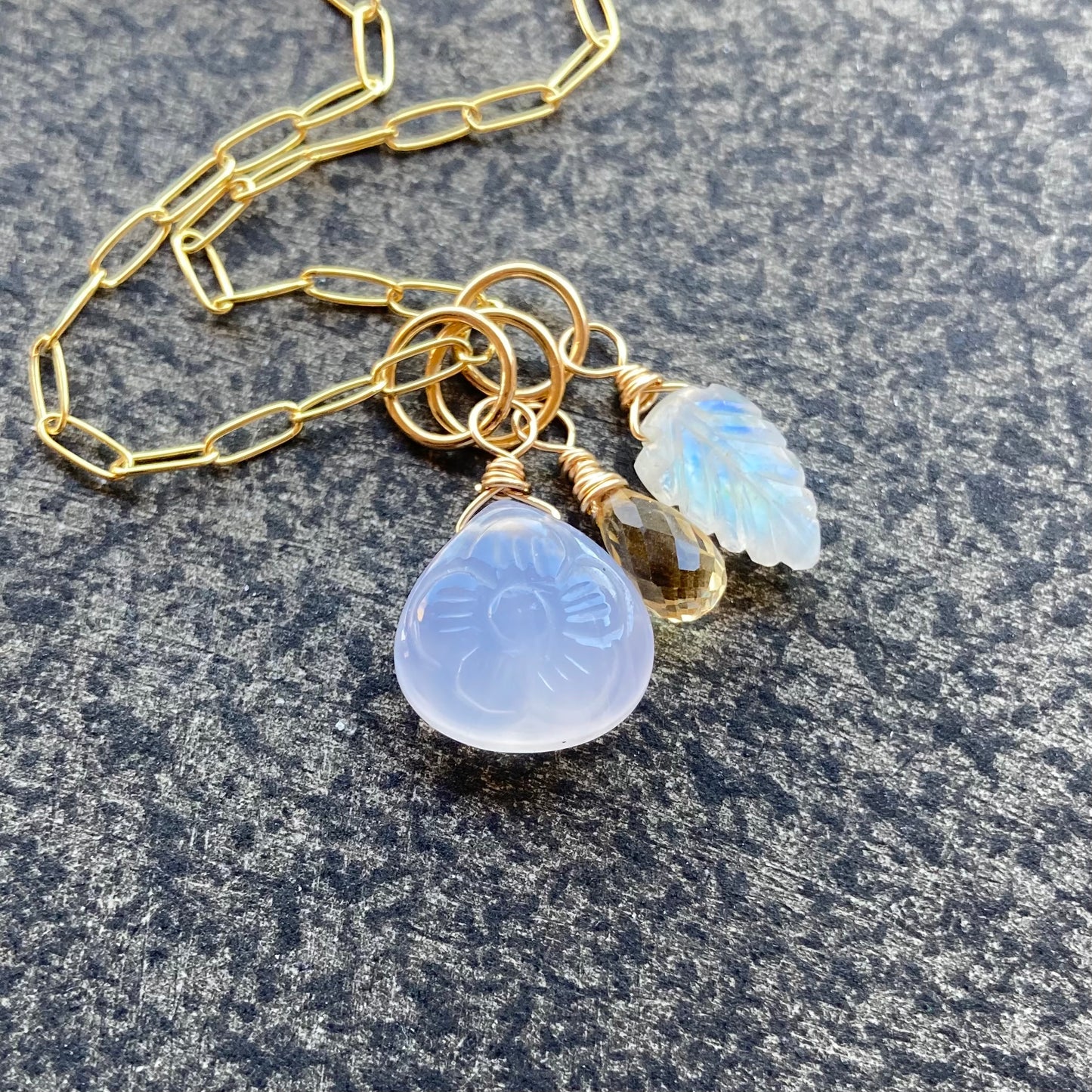 Blue Chalcedony, Rainbow Moonstone, Citrine & Gold Charm Necklace