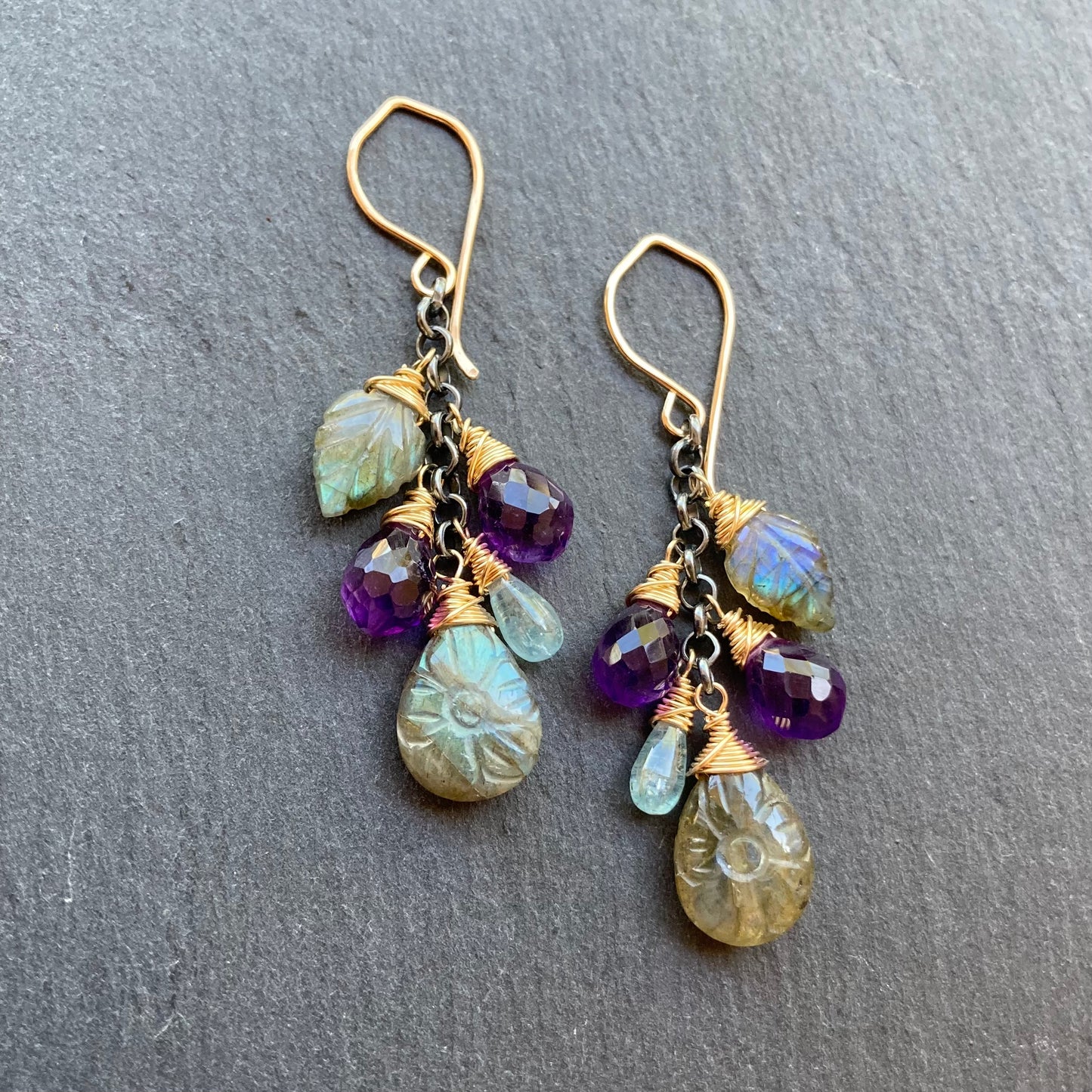 Labradorite, Amethyst & Mixed Metal Bloom Cascade Earrings