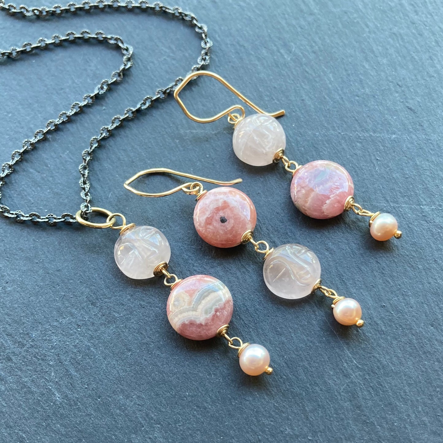 Rhodochrosite, Rose Quartz & Mixed Metal Pink Moon Rising Pendant Necklace