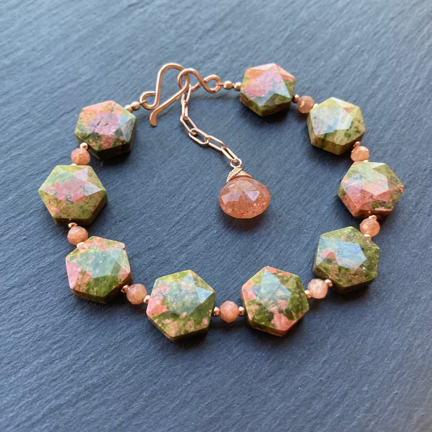 Unakite, Sunstone & Rose Gold Bracelet